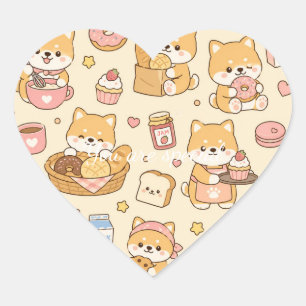 Cute Kawaii Shiba Bakery Pattern   Cozy Breakfast  Heart Sticker