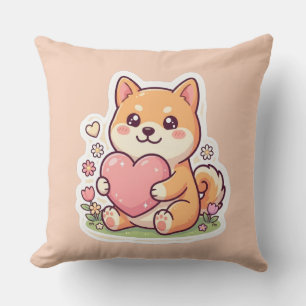 Cute Kawaii Shiba Inu Dog Heart Throw Pillow
