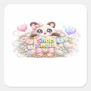 Cute Kawaii Shop Small Business Cat Pastel Pink Fl Square Sticker