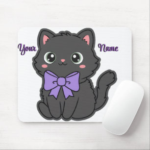 Cute Kawaii Sitting Black Cat Purple Bow Custom Mouse Pad