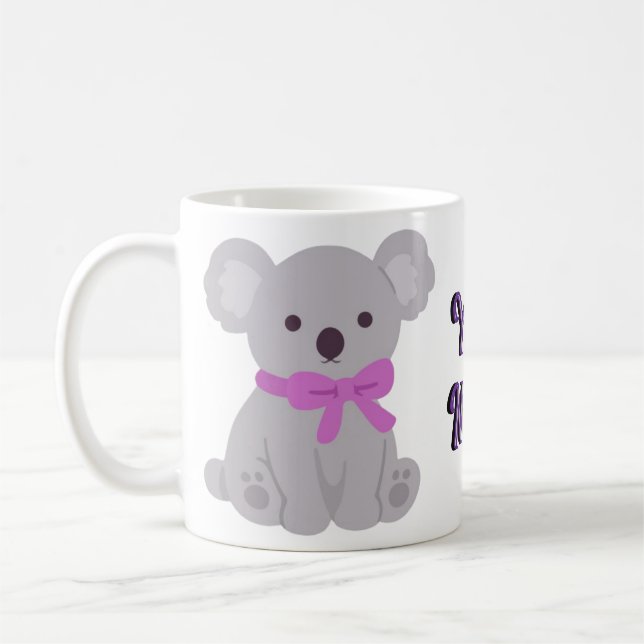 Cute Kawaii Sitting Grey Koala Purple Bow Mug (Left)