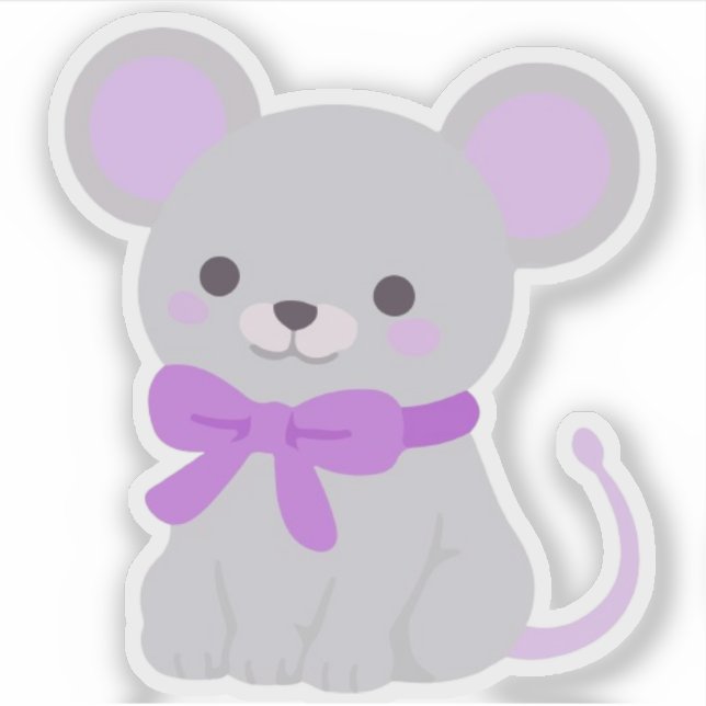 Cute Kawaii Sitting Grey Mouse Purple Bow Vinyl  (Front)