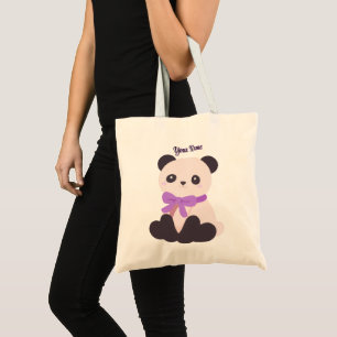 Cute Kawaii Sitting Panda Bear Purple Bow Tote Bag