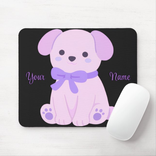 Cute Kawaii Sitting Puppy Purple Bow Custom Mouse Pad (With Mouse)