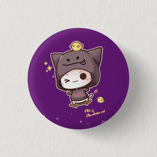 Cute kawaii skater cat wearing hoodie 3 cm round badge (Front)