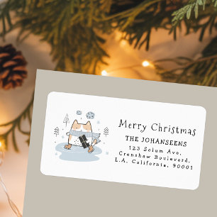 Cute Kawaii Skating Cat Christmas Return Address Label