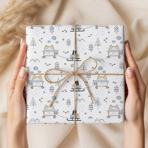 Cute Kawaii Skating Cat Seamless Pattern Christmas Wrapping Paper