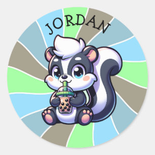 Cute Kawaii Skunk with Bubble Tea Personalised  Classic Round Sticker