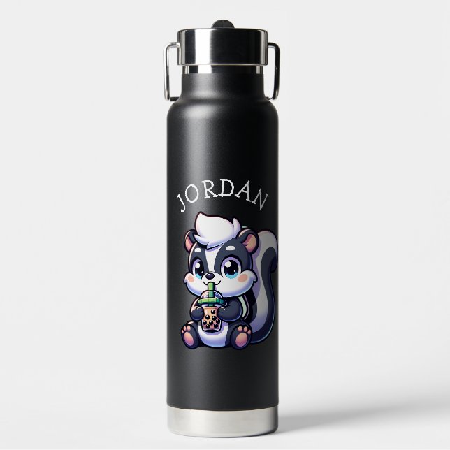 Cute Kawaii Skunk with Bubble Tea Personalised Water Bottle (Front)