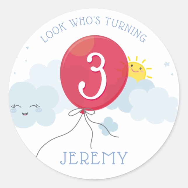 CUTE KAWAII SKY red balloon birthday clouds sun Classic Round Sticker (Front)