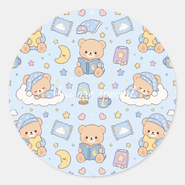 Cute Kawaii Sleepy Teddy Bear Pattern | Pastel Bed Classic Round Sticker (Front)
