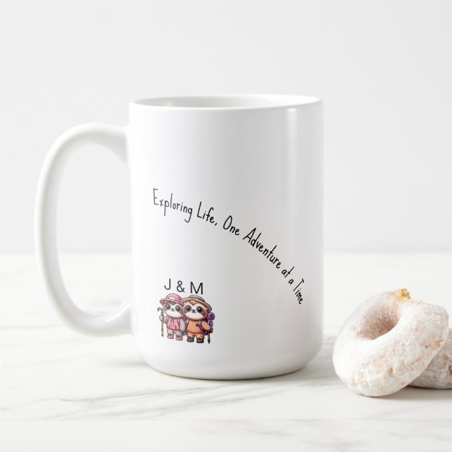 Cute Kawaii Sloth Couple Adventure Hiking  Coffee Mug (With Donut)