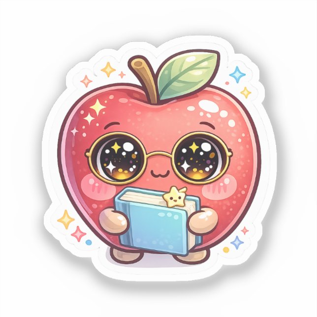 Cute Kawaii Smart Apple with Glasses Holding Book  (Front)