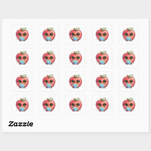 Cute Kawaii Smart Apple with Glasses Holding Book Square Sticker