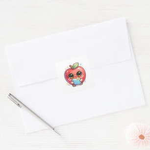 Cute Kawaii Smart Apple with Glasses Holding Book Square Sticker
