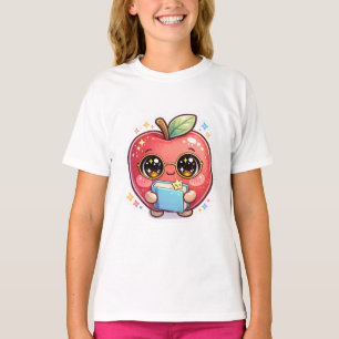 Cute Kawaii Smart Apple with Glasses Holding Book T-Shirt