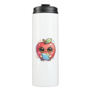 Cute Kawaii Smart Apple with Glasses Holding Book Thermal Tumbler