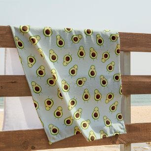 Cute Kawaii Smiling Avocado Pattern Beach Towel