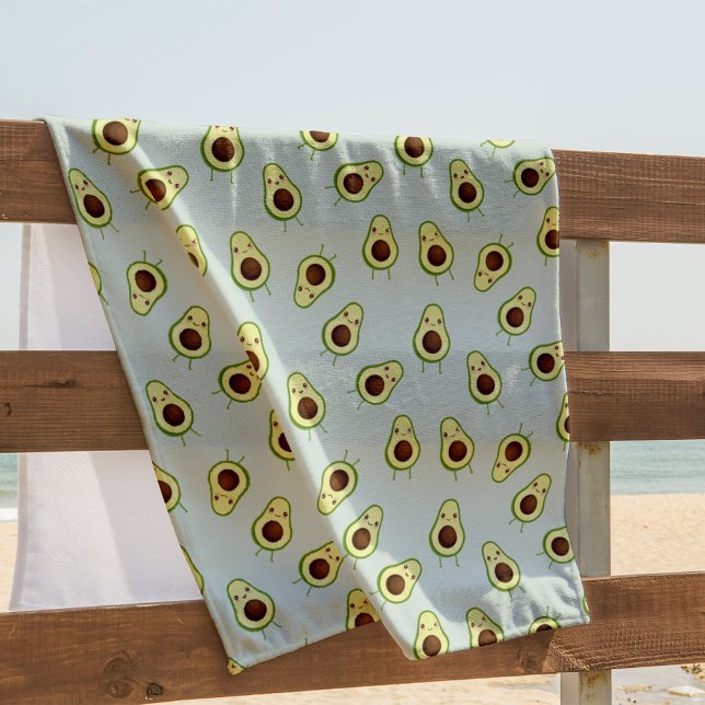 Cute Kawaii Smiling Avocado Pattern Beach Towel (Creator Uploaded)