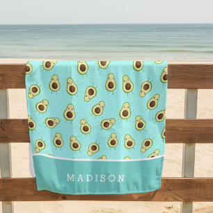 Cute Kawaii Smiling Avocado Pattern Personalised Beach Towel