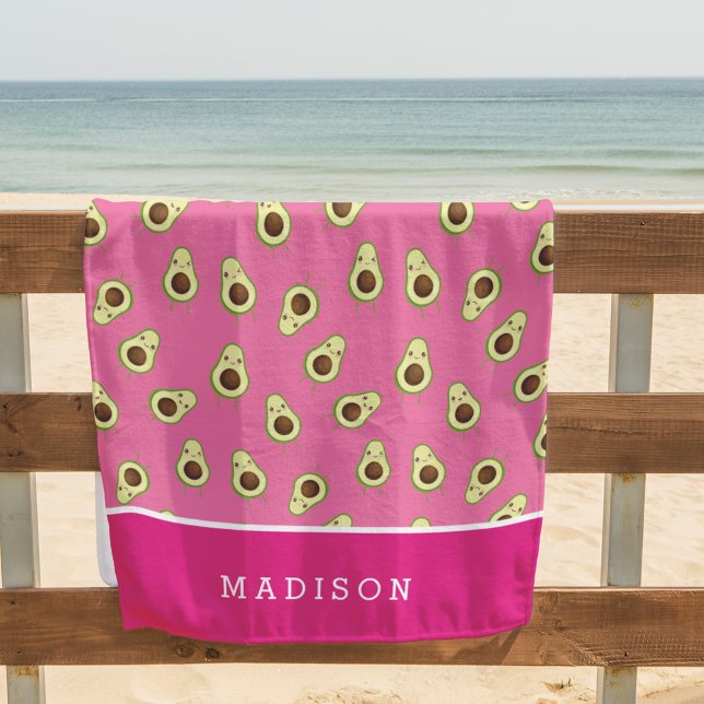 Cute Kawaii Smiling Avocado Pattern Personalised Beach Towel (Creator Uploaded)