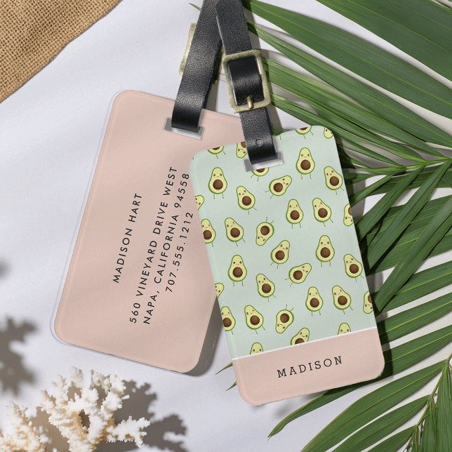 Cute Kawaii Smiling Avocado Pattern Personalised Luggage Tag (Creator Uploaded)