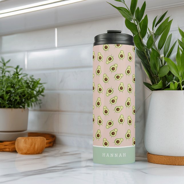 Cute Kawaii Smiling Avocado Pattern Personalised Thermal Tumbler (Creator Uploaded)