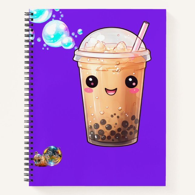 Cute Kawaii Smiling Boba Tea on Purple  Notebook (Front)