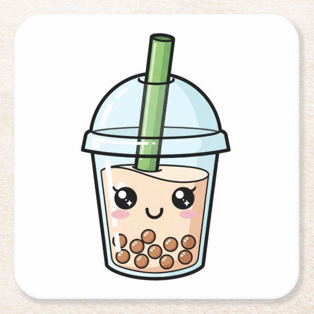 Cute Kawaii Smiling Boba Tea Square Paper Coaster (Front)