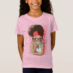 Cute Kawaii Smiling Curly Girl in Pink T-Shirt