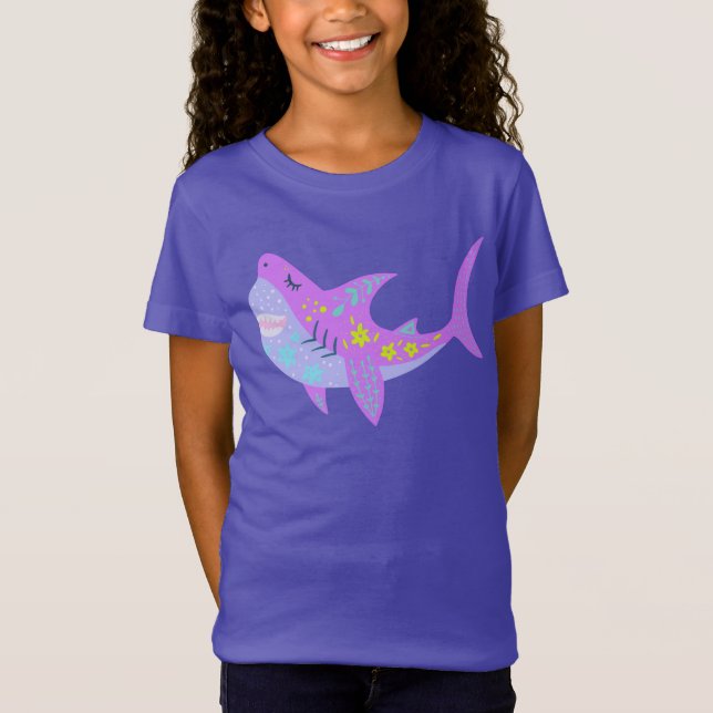 Cute Kawaii Smiling Shark in Purple and Blue T-Shirt (Front)