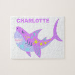 Cute Kawaii Smiling Shark in Purple Personalised Jigsaw Puzzle<br><div class="desc">Adorable boho artwork of a happy smiling kawaii style shark in lavender purple and aqua blue,  personalised with your name.</div>