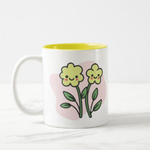 Cute Kawaii Smiling Yellow Flowers Pastel Pink  Two-Tone Coffee Mug