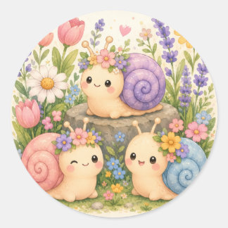 Cute kawaii snails with flowers classic round sticker