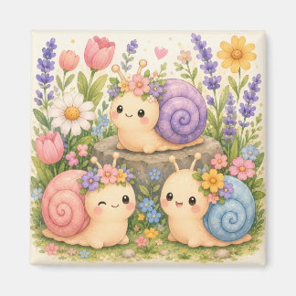 Cute kawaii snails with flowers magnet