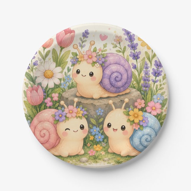 Cute kawaii snails with flowers paper plate (Front)