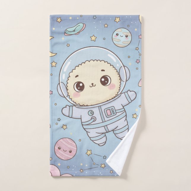 Cute Kawaii Space - Astronaut and Smiling Moon Hand Towel (Hand Towel)