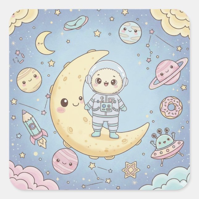 Cute Kawaii Space - Astronaut and Smiling Moon Square Sticker (Front)