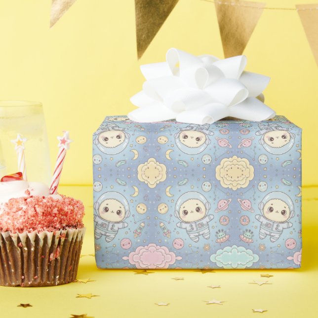 Cute Kawaii Space - Astronaut and Smiling Moon Wrapping Paper (Birthday Party)