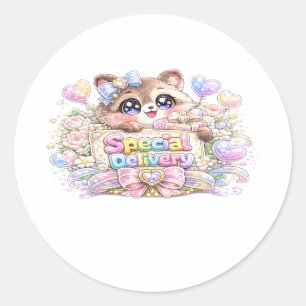 Cute Kawaii Special Delivery Cat Pastel Pink Busin Classic Round Sticker