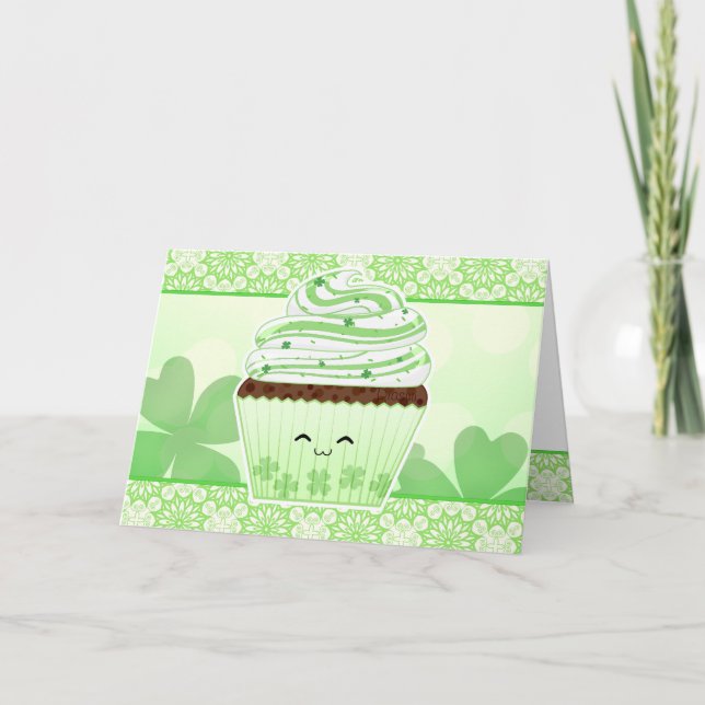 Cute kawaii St Patricks day cupcake Card (Front)