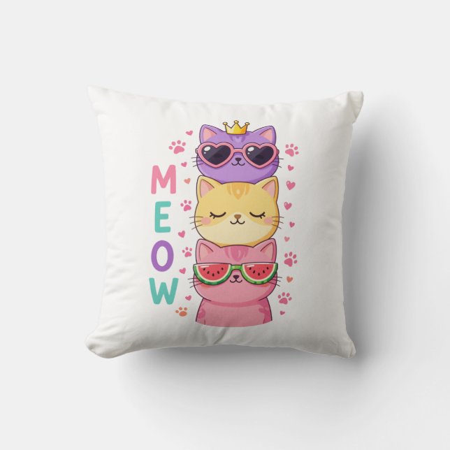 Cute Kawaii Stacked Cats Sunglasses Meow Cushion (Front)