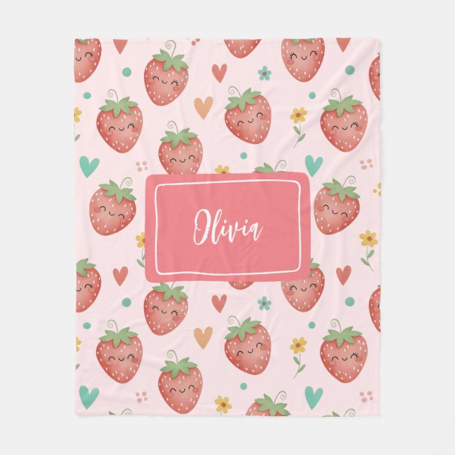 Cute Kawaii Strawberries Fleece Blanket (Front)