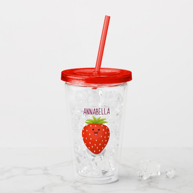 Cute kawaii strawberry cartoon illustration acrylic tumbler (Back Ice)