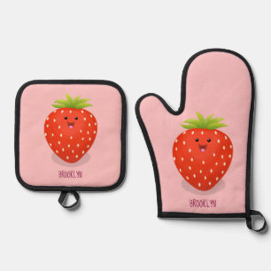 Cute kawaii strawberry cartoon illustration oven mitt & pot holder set