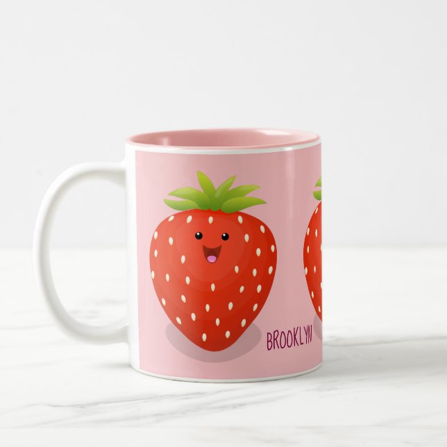 Cute kawaii strawberry cartoon illustration Two-Tone coffee mug (Left)