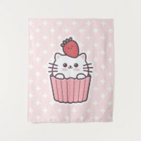 Cute Kawaii Strawberry Cat Cupcake Cartoon