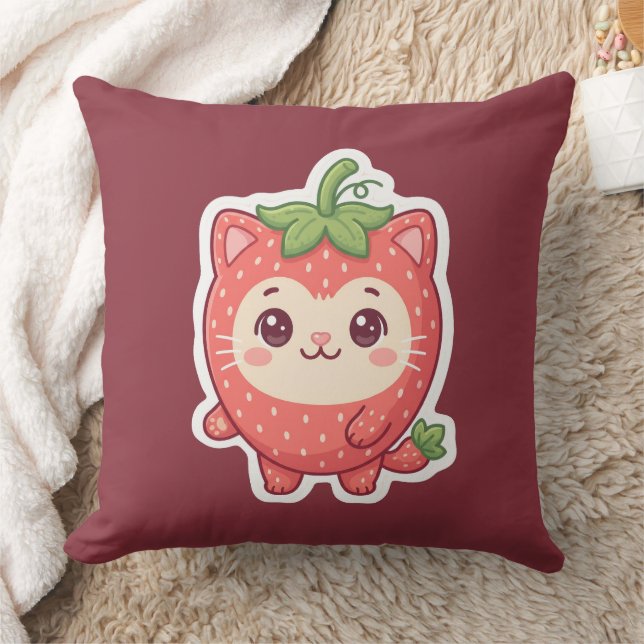 Cute Kawaii Strawberry Cat Throw Pillow (Blanket)