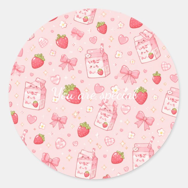 Cute Kawaii Strawberry Pattern  Pink Past Classic Round Sticker (Front)