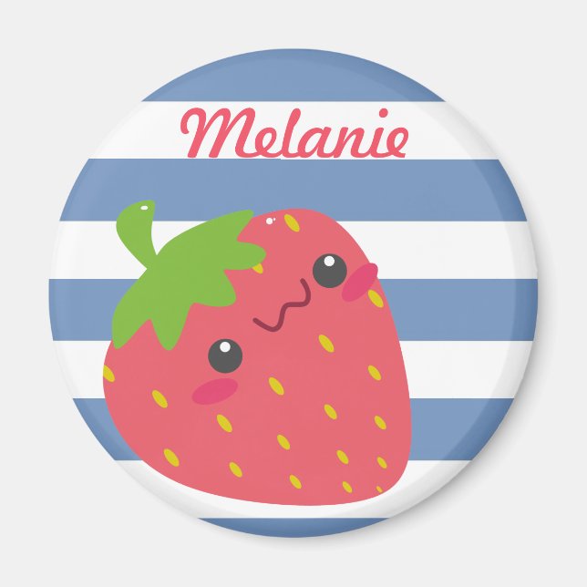 Cute Kawaii Strawberry Striped Personalised Magnet (Front)
